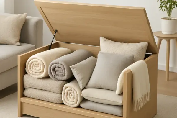 Como Organizar Mantas e Almofadas em Baús Com Tampo de Madeira Clara