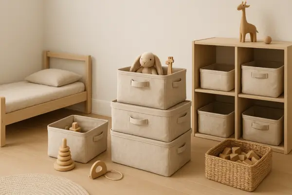 Sugestões Práticas Para Guardar Brinquedos em Caixas de Linho Para Quartos Infantis de Poucos Metros no Estilo Lúdico